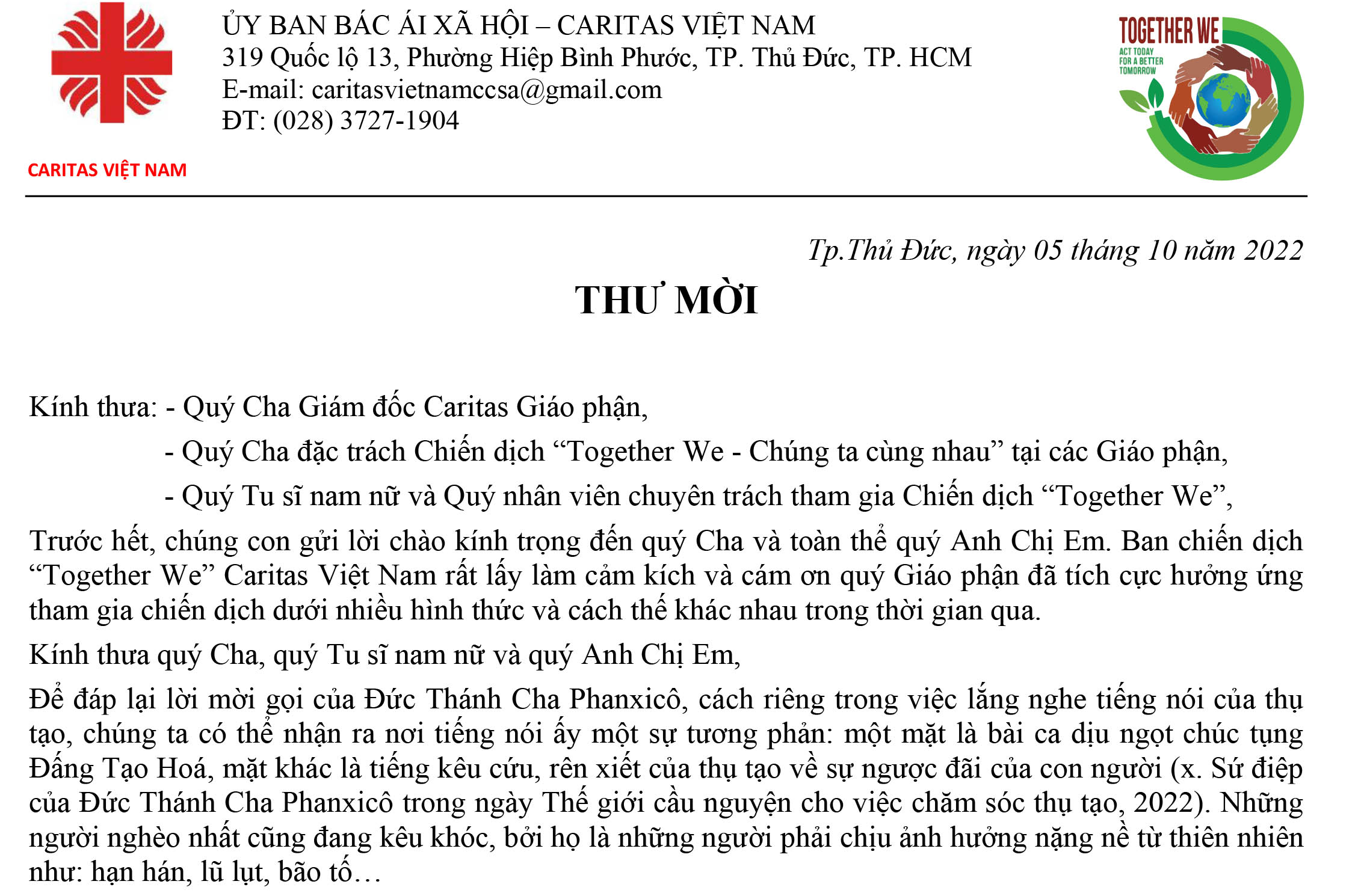 Thư mời tham gia tuần lễ nâng cao nhận thức toàn cầu với Chiến dịch “Chúng ta cùng nhau”