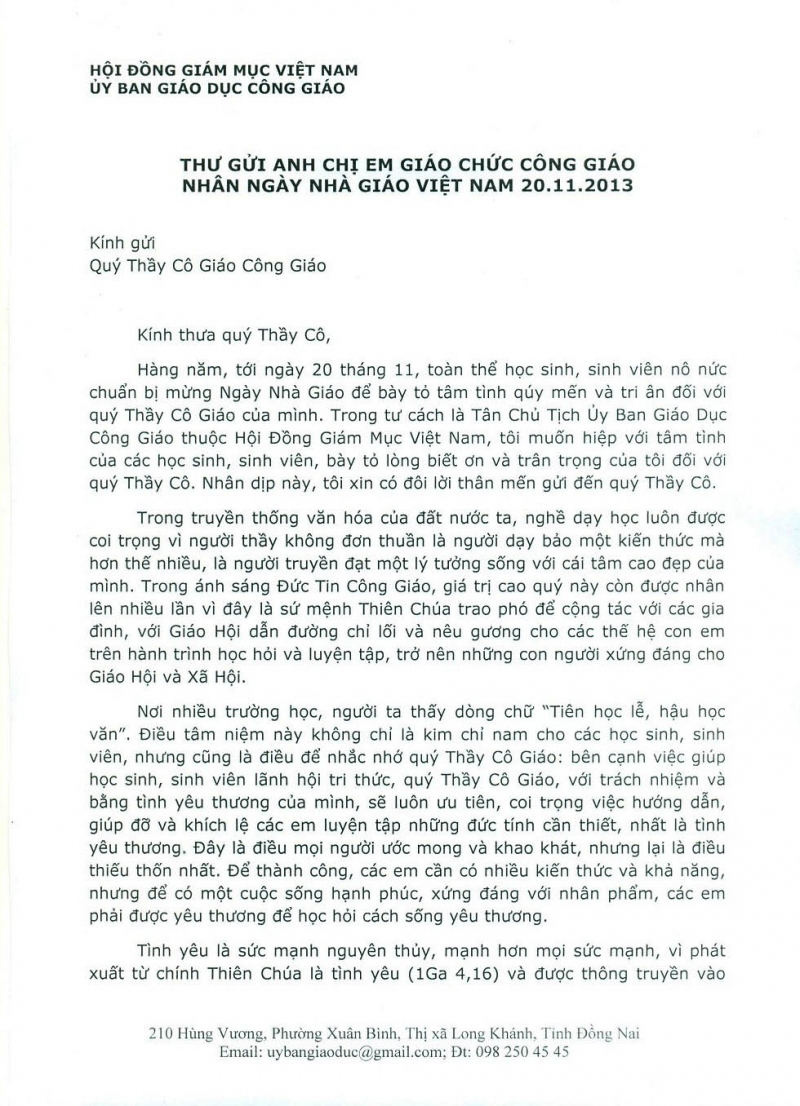 Thư gởi anh chị em Giáo chức Công Giáo nhân ngày 20.11.2013